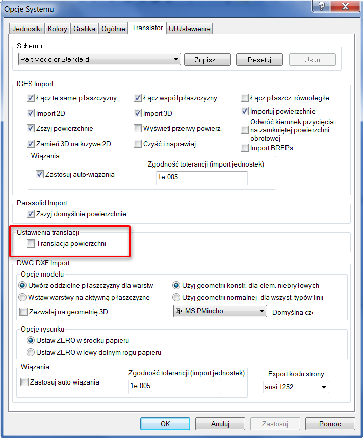 Translacja powierzchni Wprowadziliśmy nową translację powierzchni znajdującą się w oknie dialogowym Opcje Systemu na zakładce Translator, opcja umożliwia translację powierzchni do modeli bryłowych.