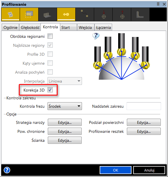 Cykl odczytuje parametry fazowania kieszeni i stempli, gdy opcja typ modelu Bryłowy jest zaznaczona.