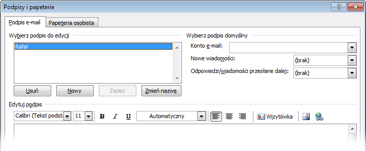 Tworzenie podpisu e-mail Najpierw otwórz nową wiadomośd. Na karcie Wiadomośd w grupie Dołączanie kliknij pozycję Podpis, a następnie kliknij pozycję Podpisy.