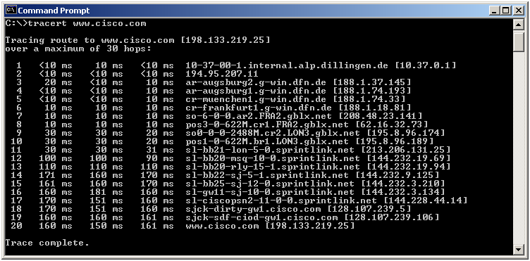 Krok 10 Prześledź drogę do witryny firmy Cisco Wpisz polecenie tracert www.cisco.com i naciśnij klawisz Enter. Nazwa tracert stanowi skrót pojęcia trace route (śledź trasę).