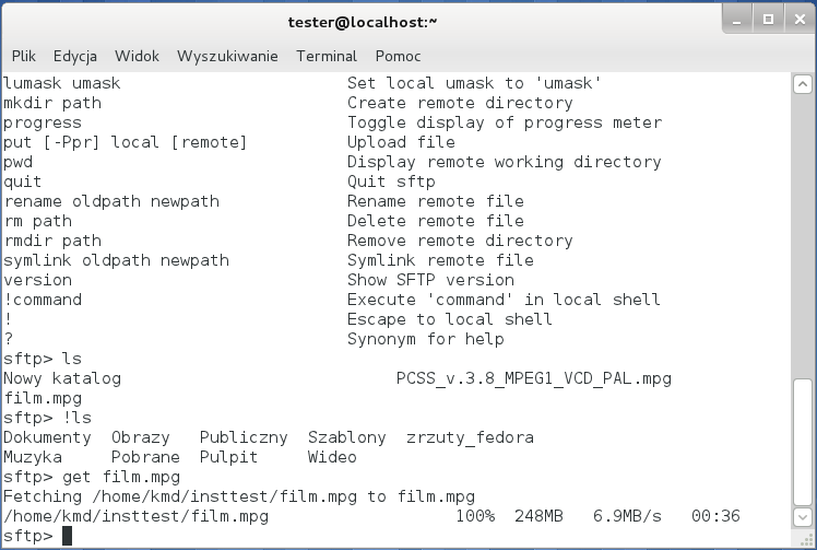 Slajd 142 Fedora 15 klient sftp Po zakończeniu