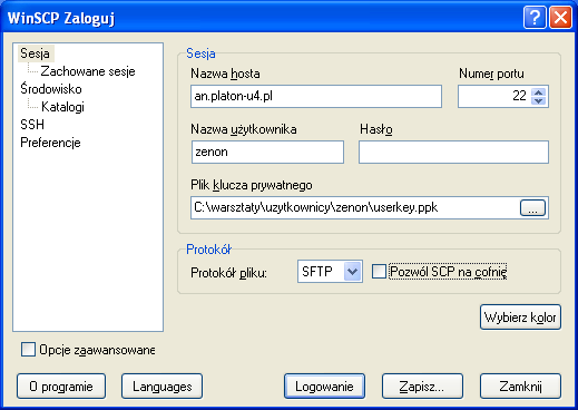 Slajd 18 WinSCP - Sesja Parametry sesji Nazwa hosta: an.platon-u4.