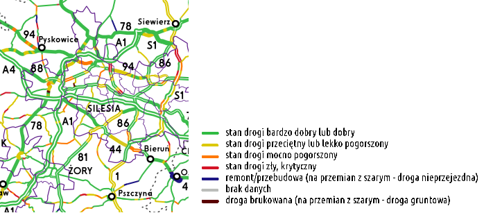 Rysunek 11. Mapa stanu nawierzchni dróg Subregionu Centralnego Źródło: Internet http://www.skyscrapercity.com/showthread.php?t=1310317 Stan głównych szlaków drogowych w SC jest na dobrym poziomie.