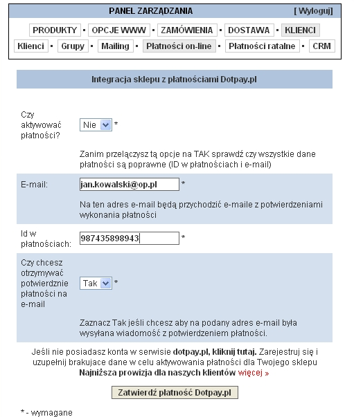 2.5.4 Płatności on-line oraz płatności ratalne To narzędzie (płatności on-line) pozwala dokonywać płatności w formie elektronicznej, dzięki serwisom dotpay.pl,