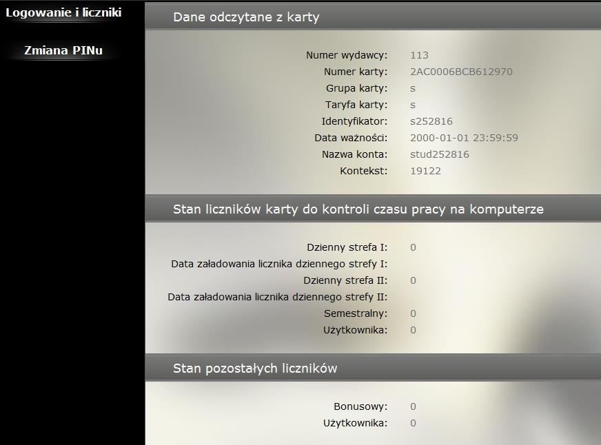 5.1. Logowanie i liczniki Po wybraniu opcji Logowanie i liczniki wyświetlane są informacje związane z logowaniem do kiosków informacyjnych i stacji roboczych wyposażonych w moduł OPTILogon.