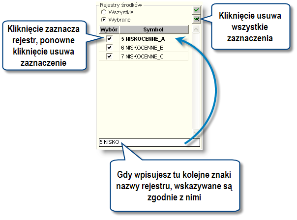 Sposób pracy z programem 4 Zestaw ienia 3 strona W przypadku kliknięcia opcji "Wybrane", system wyświetli listę rejestrów środków niskocennych, w którym można zaznaczyć te z nich, które mają być