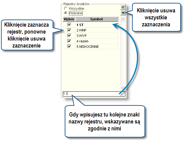 Sposób pracy z programem 4 Zestaw ienia 3 strona W przypadku kliknięcia opcji "Wybrane", system wyświetli listę rejestrów środków, w którym można zaznaczyć te z nich, które mają być wybrane