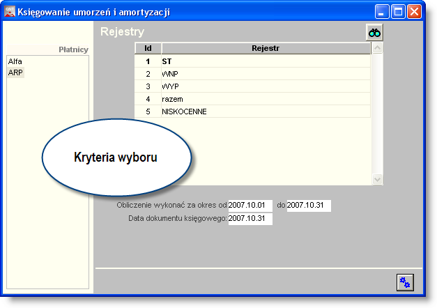 4 Sposób pracy z programem 4 Obsługa 192 strona 443 Księgowanie umorzeń i amortyzacji Okno służy do automatycznego zaksięgowania w systemie obliczonych umorzeń i amortyzacji W parametrach wykonania