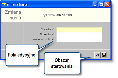 4 Sposób pracy z programem 7 Specjalne 238 strona 47 Specjalne 471 Zmiana hasła Okno umożliwia zmianę hasła wejściowego bieżącego użytkownika programu Zmiana hasła Dostępne operacje Zmiana hasła W