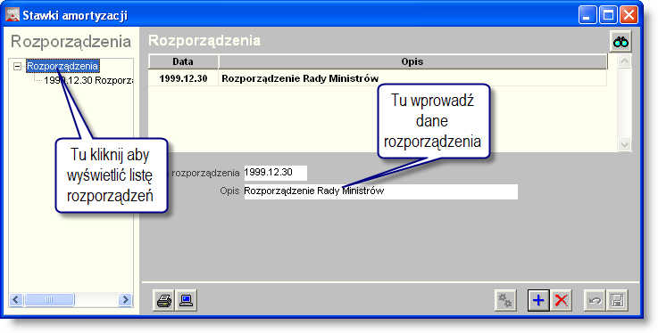 4 Sposób pracy z programem 1 Konfiguracja 26 strona W celu zarejestrowania rozporządzenia należy wypełnić następujące pola: Data rozporządzenia - data ogłoszenia rozporządzenia w dzienniku ustaw Opis