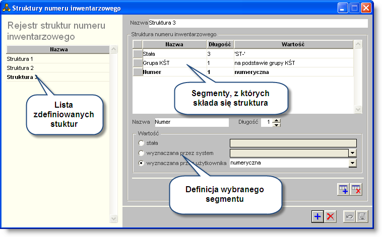 4 Sposób pracy z programem 1 Konfiguracja 28 strona 414 Struktury numeru inwentarzowego Okno umożliwia zdefiniowanie struktur, jakie przyjmować będzie numeracja środków trwałych w ramach