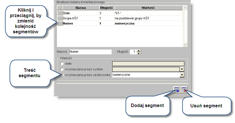Sposób pracy z programem 4 Konfiguracja 1 strona Każdy segment posiada następujące cechy: 1 Nazwa - służy wyłącznie do identyfikacji przeznaczenia danego segmentu przez użytkownika 2 Długość - liczba