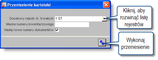 4 Sposób pracy z programem 2 Dokumenty 66 strona W przypadku wystąpienia zbieżności numerów inwentarzowych w rejestrze dotychczasowym i docelowym, System nie przeniesie wybranego środka trwałego