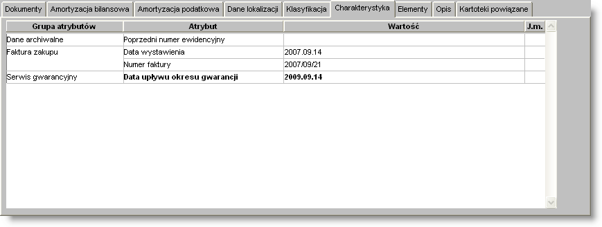 Sposób pracy z programem 4 Dokumenty 2 strona Zakładka: Charakterystyka Zakładka ta służy do wprowadzania wartości atrybutów zdefiniowanych w oknach "Grupy atrybutów środków trwałych" i "Atrybuty