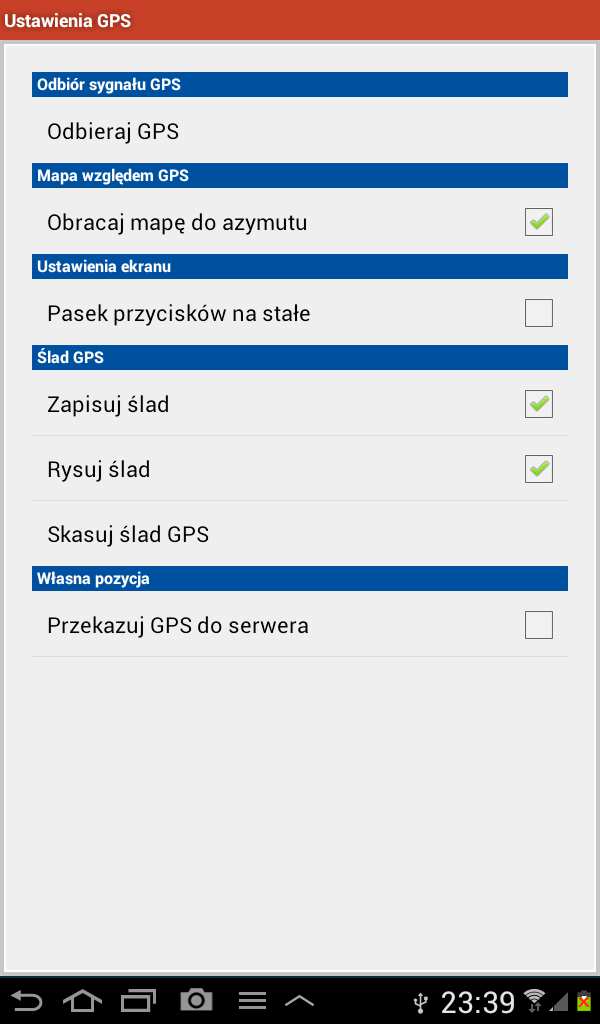 Ikona śladu włącza / wyłącza rysowanie na mapie śladu przez GPS UWAGA: ślad nie jest rysowany, jeśli w menu GPS nie włączono zapisu śladu do pamięci.