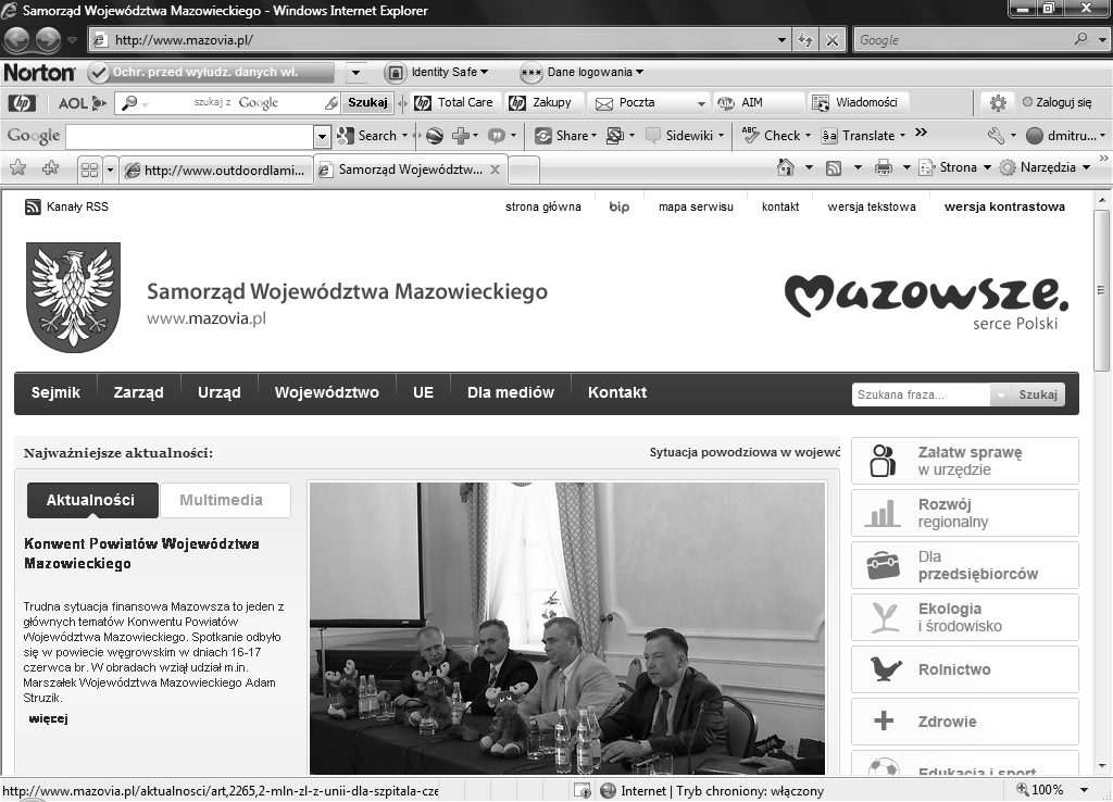 Na rysunku 11 przedstawiono nową stronę internetową samorządu województwa mazowieckiego. Rysunek 11. Strona internetowa Samorządu Województwa Mazowieckiego Źródło: www.mazovia.
