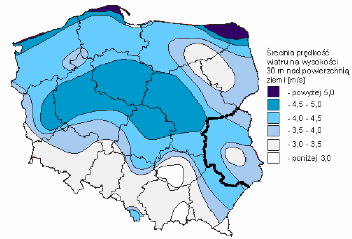 3.1 Energia wiatru Na rysunku 3-1 pokazano podział kraju na strefy o określonych warunkach anemologicznych.