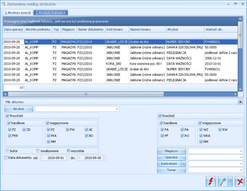 Str. 160 Moduł Handel v. 2010 Uwaga: Zestawienie filtruje dokumenty wg atrybutów wpisanych na zakładkę Atrybuty (odpowiednio na formularzu pozycji lub na formularzu dokumentu).