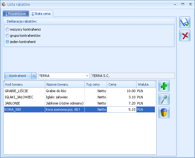 Podręcznik Użytkownika systemu Comarch OPT!MA Str. 177 Rys. Rabat typu stała cena Lista obsługiwana jest przez standardowe przyciski.