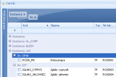 Podręcznik Użytkownika systemu Comarch OPT!MA Str. 21 Rys. Grupowanie po kodzie dostawcy na liście pozycji cennikowych. Grupowanie można wykonywać po wielu kolumnach. Rys. Grupowanie po kodzie dostawcy oraz jednostce miary na liście pozycji cennikowych.