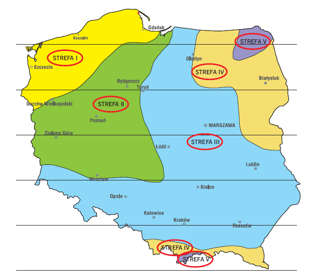 Polska podzielona jest na pięć stref klimatycznych w których zlokalizowano 61 stacji meteorologicznych miesiąc strefa I strefa II strefa III strefa IV strefa V Średnia temp. 11 miejsc. 14 miejsc.