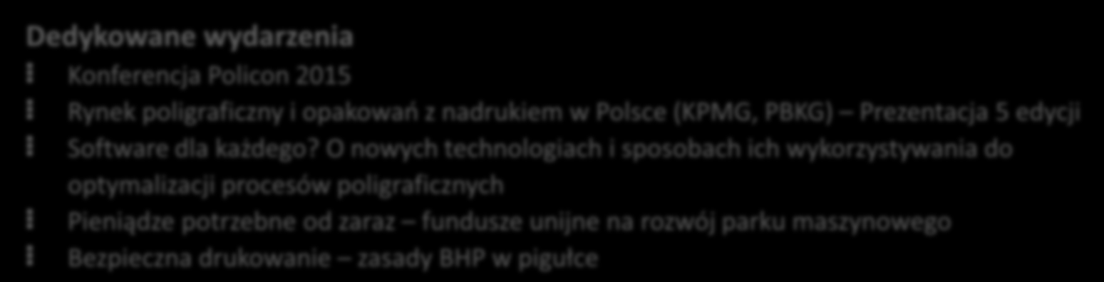 Najważniejsi są zwiedzający DRUK Prasowy Dziełowy Akcydensowy Wielkoformatowy INNE (tampodruk, sitodruk, grawerowanie) Dedykowane wydarzenia Konferencja Policon 2015 Rynek poligraficzny i opakowao z