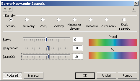 Rysunek 16. Okno Jaskrawość-Kontrast-Intensywność znajdujące się w menu Obrazek Dopasuj Rysunek 17. Okno Barwa-Nasycenie-Jasność znajdujące się w menu Obrazek Dopasuj 2.