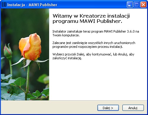 Wybierz docelowy dysk oraz folder, w którym chciałbyś zainstalować program MAWI Publisher. Naciśnij przycisk Dalej, aby kontynuować. Instalator stworzy skrót do programu w folderze menu START.