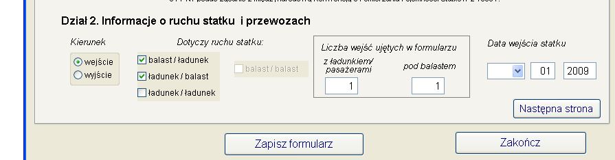 Pozostałe typy rejsów można wprowadzić zbiorczo na jednym formularzu, jeżeli statek wykonywał w danym miesiącu rejsy cykliczne.