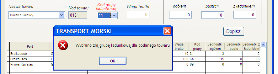 Kod grupy ładunkowej Po wyborze grupy ładunkowej badane są zależności między towarem i grupą ładunkową oraz między grupą i portem meldunkowym.