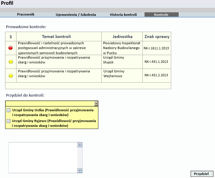 Rysunek 5 - Profil pracownika: Kontrole Zakładka daje dostęp do informacji o dodatkowych kursach, szkoleniach które odbył kontroler lud do posiadanych uprawnień np.