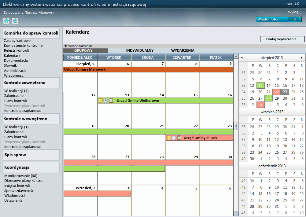 3.5 Kalendarz Zakładka menu bocznego kalendarz umożliwia dostęp do wszystkich czynności wykonywanych przez pracowników danej komórki organizacyjnej.