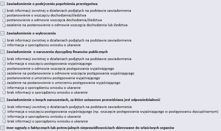 Zakładka pozwala wprowadzić informacje o podjętych krokach w wyniku stwierdzenia nieprawidłowości rysunek nr 69.