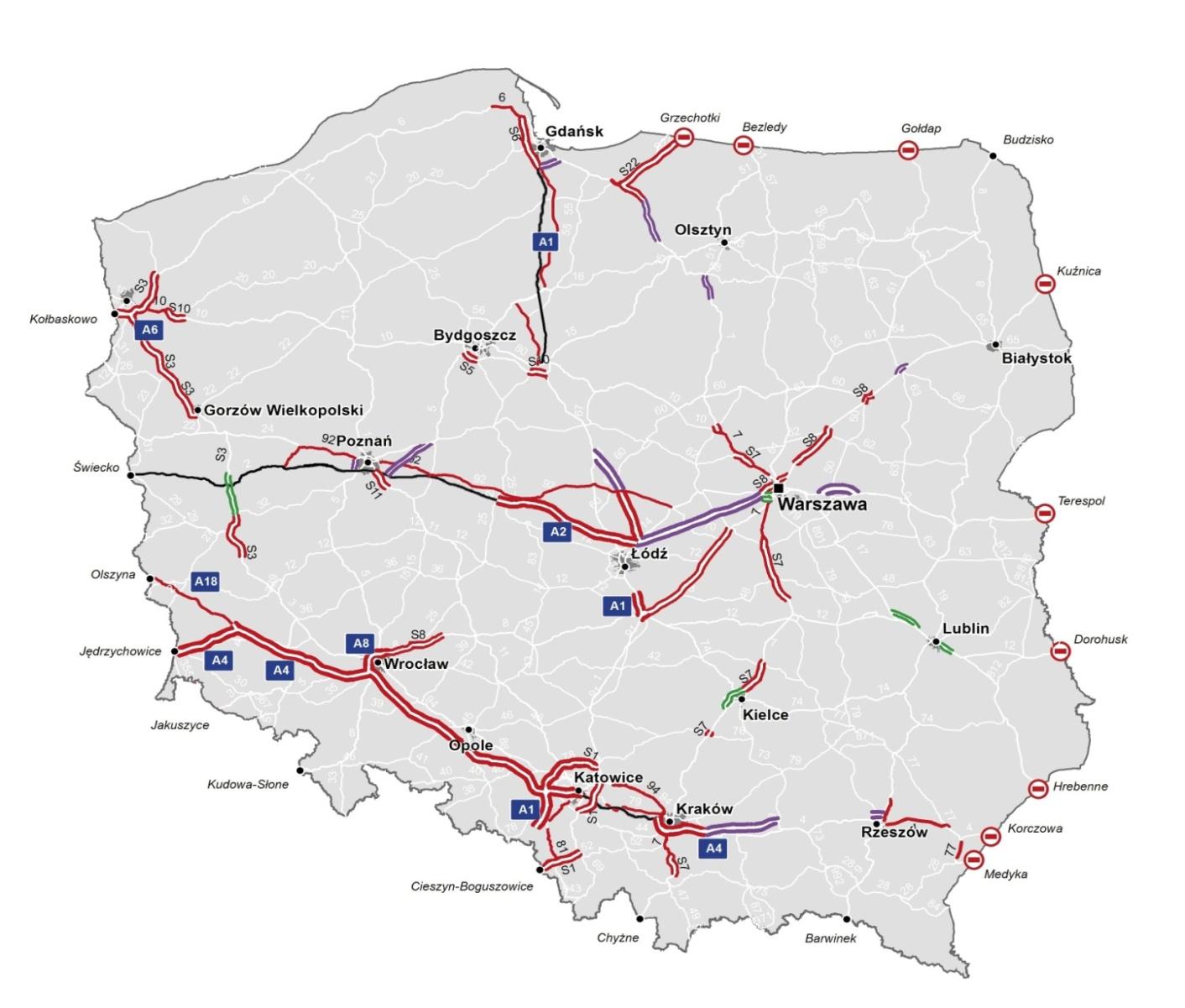 Północ A4: obwodnica Rzeszowa S5: Gniezno Południe Poznań Wschód S7: południowa obwodnica Gdańska S7: Pasłęk Północ Miłomłyn