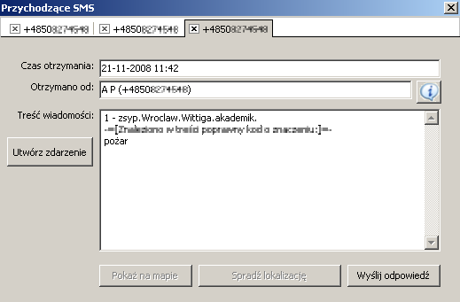 Rys.122 Okno przyjęcia wiadomości SMS będącej zgłoszeniem Po naciśnięciu przycisku Utwórz zdarzenie, otwarta zostanie nowa karta zdarzenia Rejestru wyjazdów wraz z uzupełnionymi informacjami zgodnie