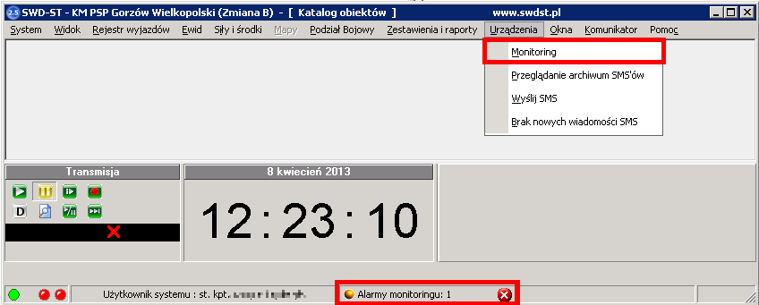 przez LPM na ikonce prezentujące alarmy monitoringu na pasku statusu systemu, (patrz rysunek Rys.126). Rys.126 Menu Urządzenia.