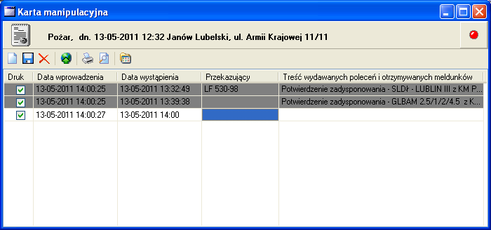 Aby dodać wpis do karty manipulacyjnej (na przykład fakt powiadomienia, WSKR, policji, itp.) należy: Wybrać z listy zdarzeń w Rejestrze wyjazdów żądane zdarzenie.