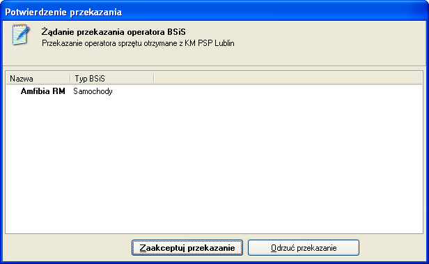 Żądanie zmiany operatora (zmień dyspozytora) komunikat wymagający potwierdzenia/odrzucenia dotyczący zmiany operatora (dyspozytora). Komunikat ten wymaga potwierdzenia od użytkownika - adresata.