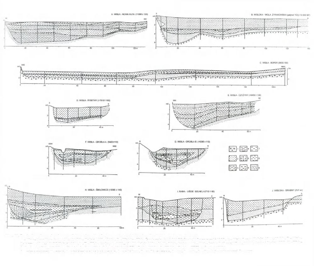 Ryc. 85. Przekroje wybranych paleomeandrów wieku późnoglacjalnego i holoceńskiego (wg: Starkel i inni, nieco zmienione).