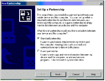 Przygotowanie do pierwszej synchronizacji danych Po zakończeniu konfiguracji palmtopa można wykonać pierwszą wymianę danych z komputerem przy pomocy kreatora New Partnership programu ActiveSync.