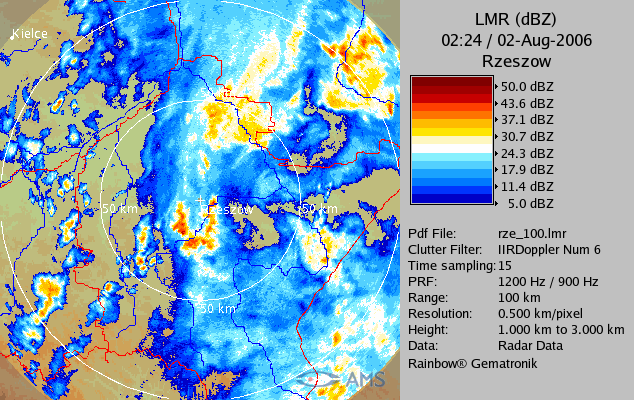 2.3 Odbiciowość średnia w zadanej warstwie LMR (Layer Mean Reflectivity) Produkt LMR obrazuje średnie wartości odbiciowości radarowej dla dowolnie określonej warstwy atmosfery wyrażone w jednostkach