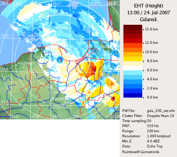 2.5 Wysokość echa radarowego - EHT (Echo Height) Na podstawie analizy danych o odbiciowości możliwe są do wygenerowania następujące wartości: - wysokości wierzchołków echa radarowego EHT Echo Top, -