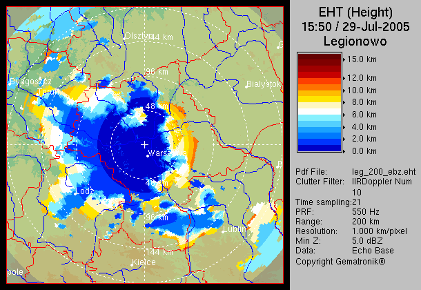 Mapa EHT - Echo Base dla sytuacji z dnia 29 lipca 2005 godz. 15:50 - radar Legionowo. Podsumowanie Mapa wysokości wierzchołków obiektów meteorologicznych to bardzo praktyczny produkt.