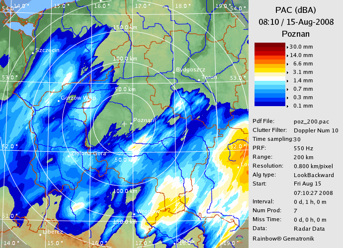 3.2 Suma opadów - PAC (Precipitation Accumulation) Produkt PAC jest zsumowanym natężeniem opadu w zdefiniowanym okresie czasu, podany w [mm].