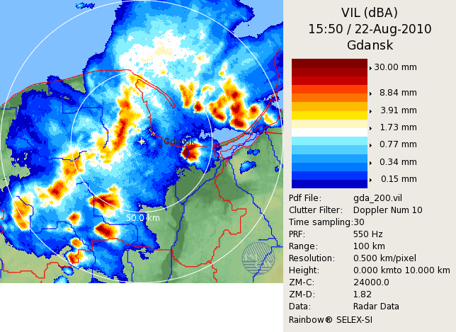 3.3 Wodność scałkowana w pionie - VIL (Vertical Integrated Liquid) Produkt VIL określa chwilową, oszacowaną zawartości wody w zdefiniowanej przez użytkownika warstwie atmosfery, wyrażoną w