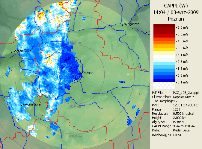 4.1.2 Rozkład prędkości radialnej i rozkład szerokości widma prędkości radialnych na stałej wysokości typu PCAPPI (Pseudo Constant Altitude Plan Position Indicator) Produkt PCAPPI(V) jest