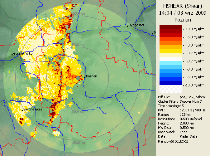 4.5.2 Poziomy gradient wiatru HSHEAR (Horizontal Shear) Produkt HSHEAR jest obrazem zmiany prędkości radialnej na płaszczyźnie poziomej w zlokalizowanej strukturze meteorologicznej, na zadanej