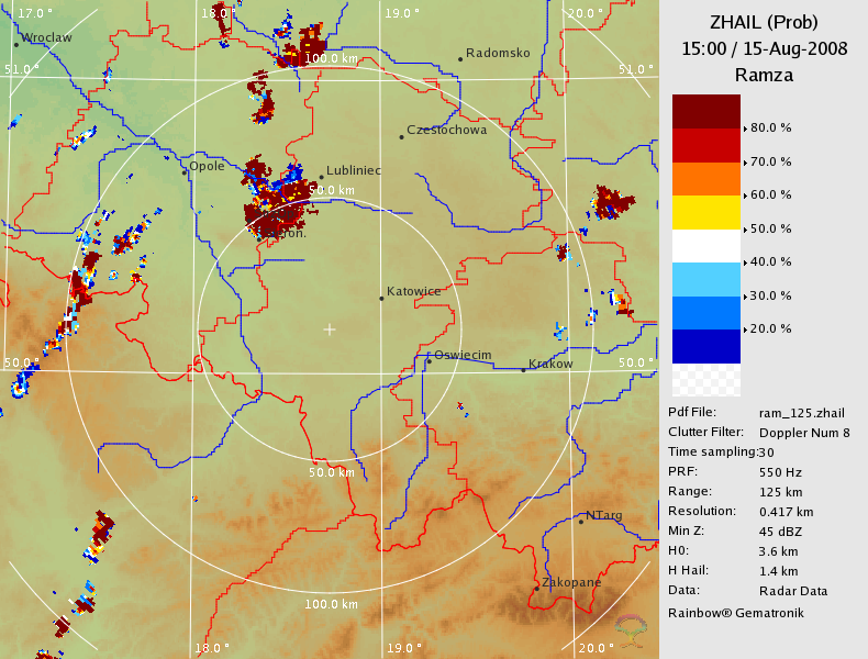 5.2 Prawdopodobieństwo wystąpienia gradu ZHAIL (Hail Detection) Produkt ZHAIL określa procentowe prawdopodobieństwo wystąpienia gradu, na danym obszarze, bazując na danych o odbiciowości (pozyskanych