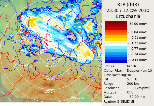 6. Produkty prognostyczne 6.1 Śledzenie pól opadowych - RTR (Rain Tracking) Produkt RTR automatycznie śledzi i prognozuje pola opadu zlokalizowanych struktur meteorologicznych.