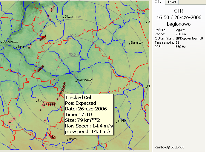 6.2 Śledzenie komórek burzowych - CTR (Cell Centroid Tracking) Produkt CTR identyfikuje w zlokalizowanej strukturze meteorologicznej komórki burzowe, śledzi je i prognozuje kierunek ich